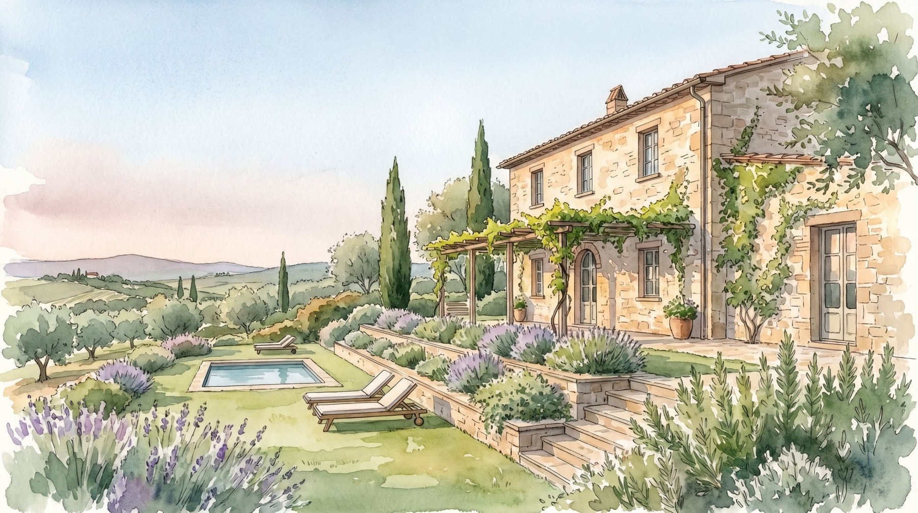 Watercolor illustration of Villa Podernovo, Tuscany